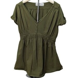 Zara Basic Collection Olive Green Smocked Empire Waist V-Neck Pom Pom Trim Top L